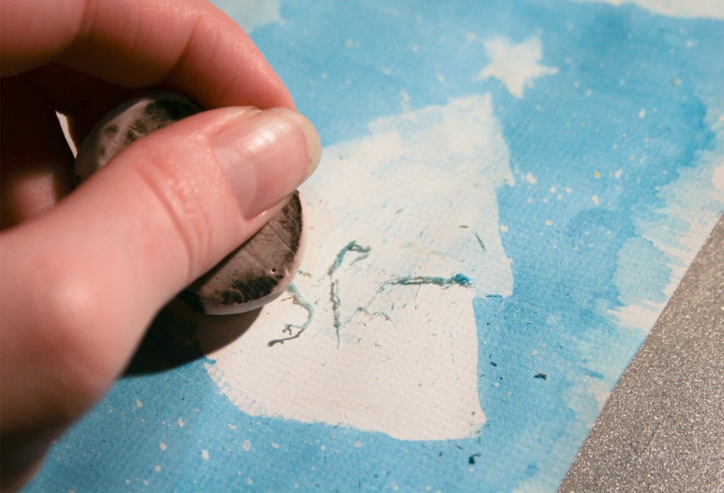 Watercolour christmas cards - Rubbing the masking fluid off with an eraser