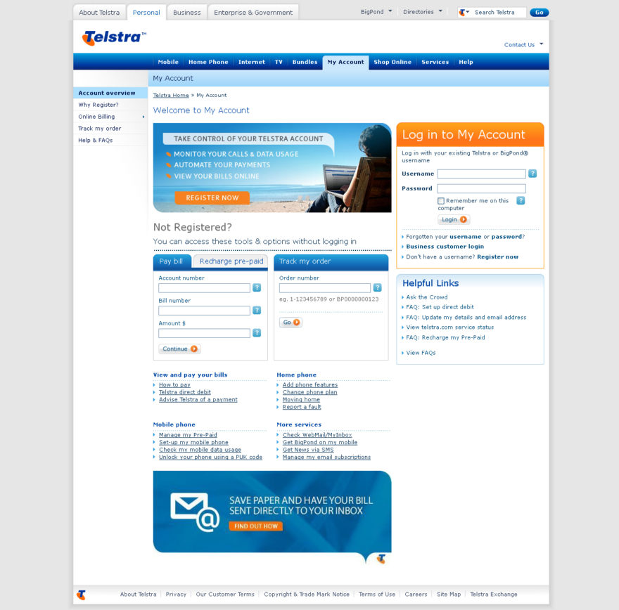 Telstra - my account page