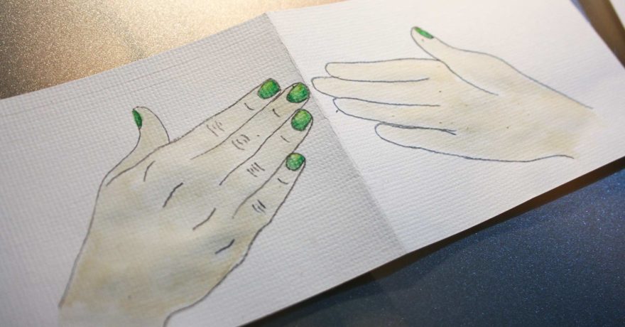 December birthday cards - pull tab birthday card watercoloured hands before cutting out and gluing
