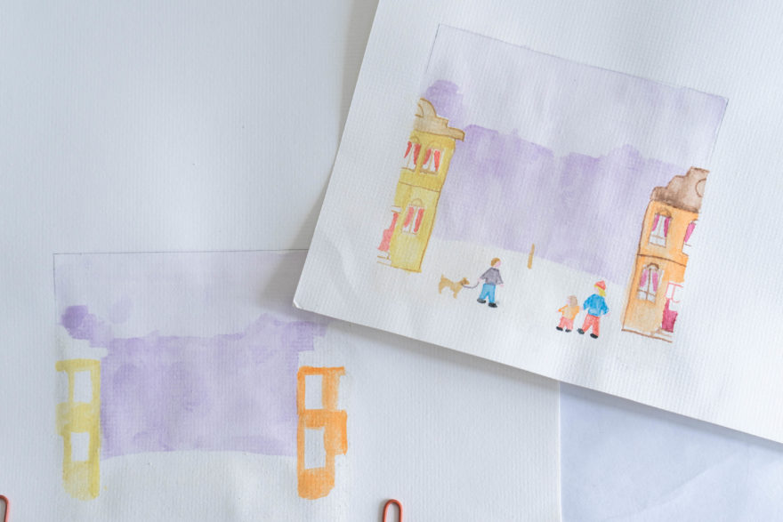 Watercolour and gold leaf christmas cards - Stages of painting