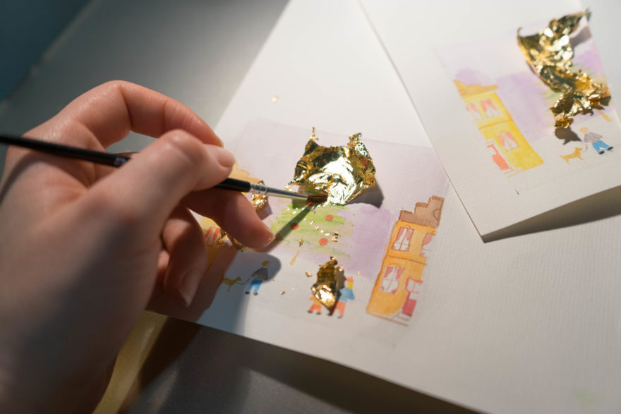 Watercolour and gold leaf christmas cards - Removing the gold leaf after its dried