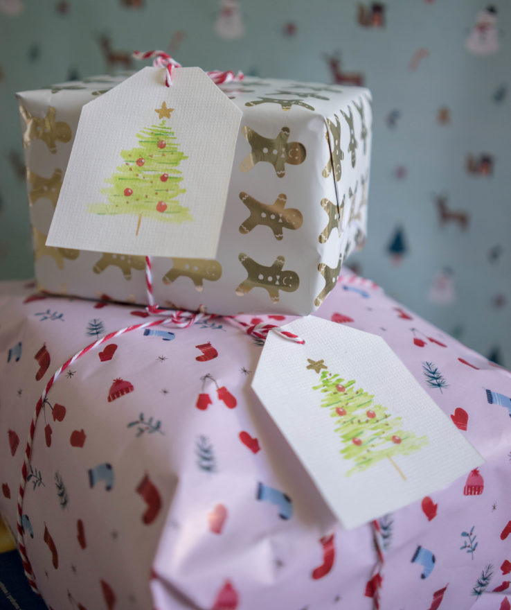 Watercolour and gold leaf christmas cards - Gift tag version
