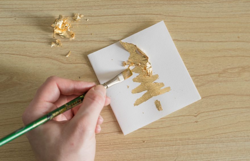 Handmade gold leaf Christmas cards - removing excess gold leaf