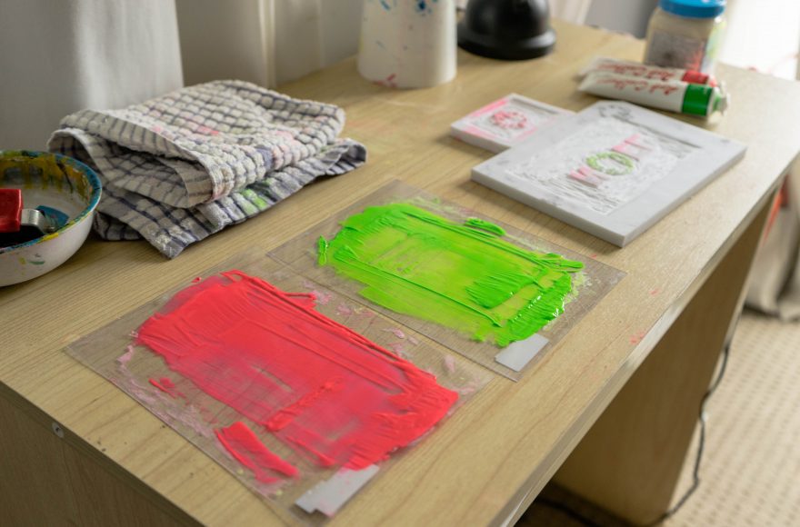 Colours mixed and ready to use on lino block