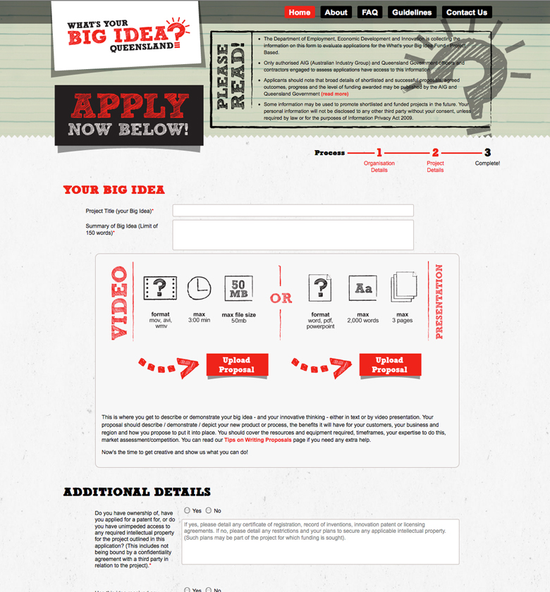 Big Idea - Application page